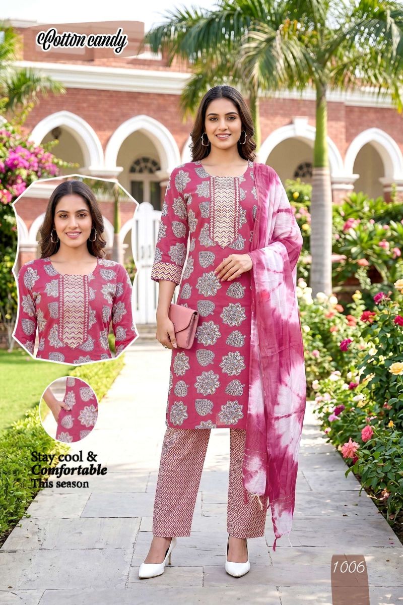 Amrah Wholesale Cotton Candy 2 Cotton Kurti Pant Dupatta Set