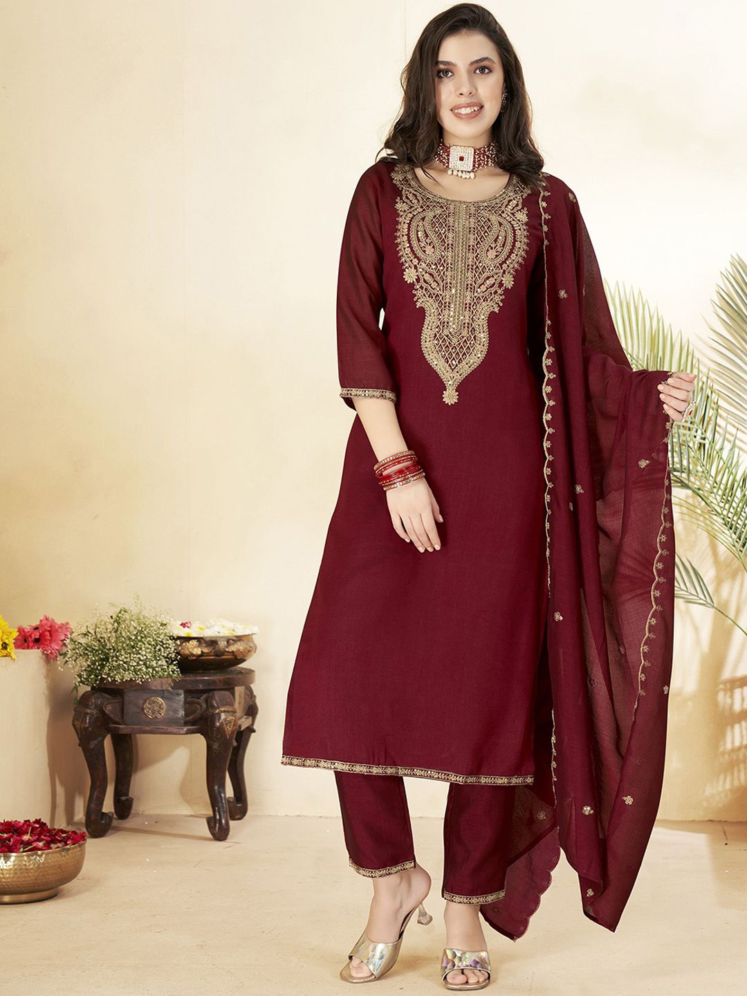 Amrah Wholesale Devlavina 01 Vichitra Embroidered Kurti Pant Dupatta Set - Amrah Wholesale