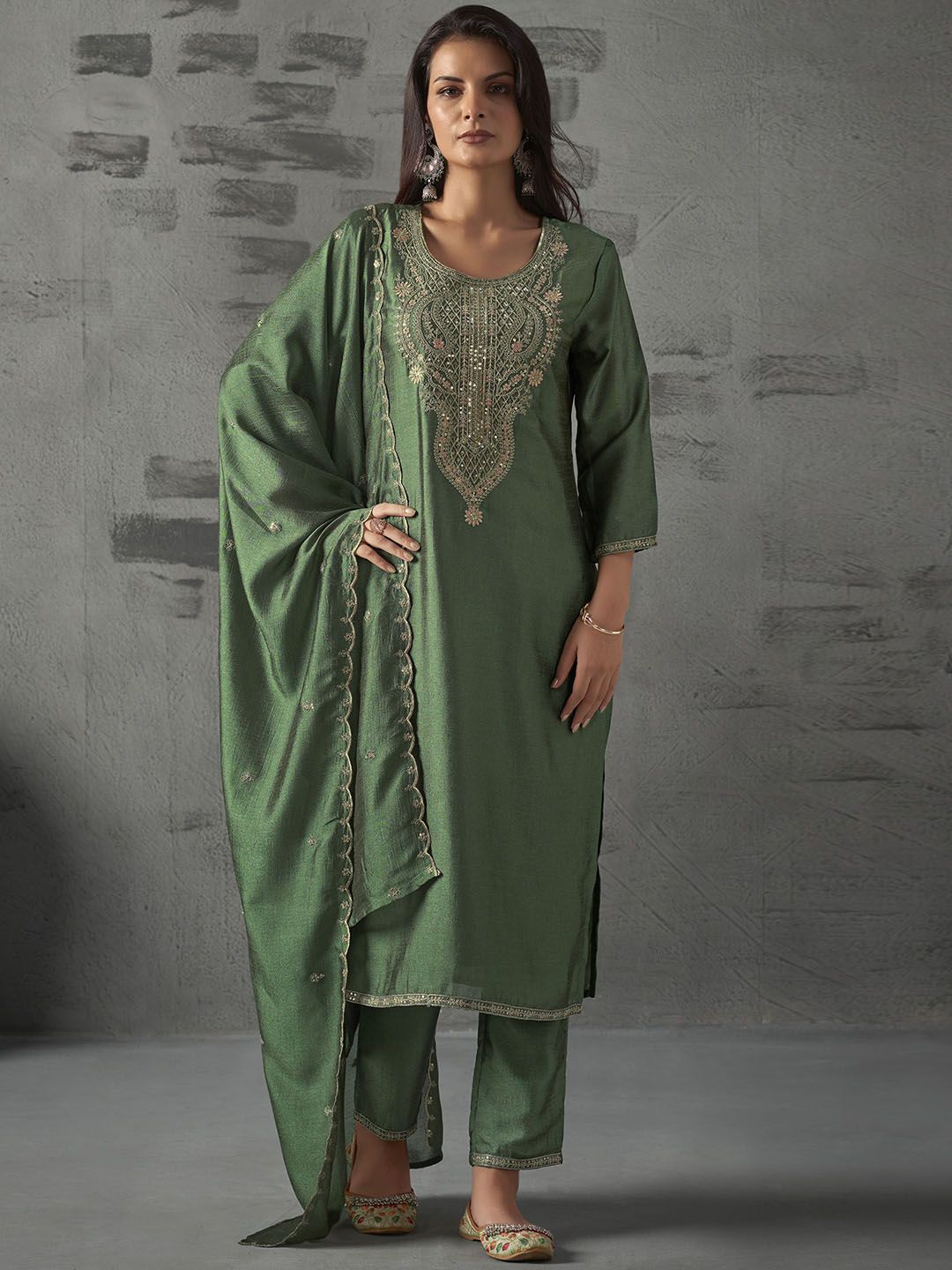 Amrah Wholesale Devlavina 01 Vichitra Embroidered Kurti Pant Dupatta Set - Amrah Wholesale