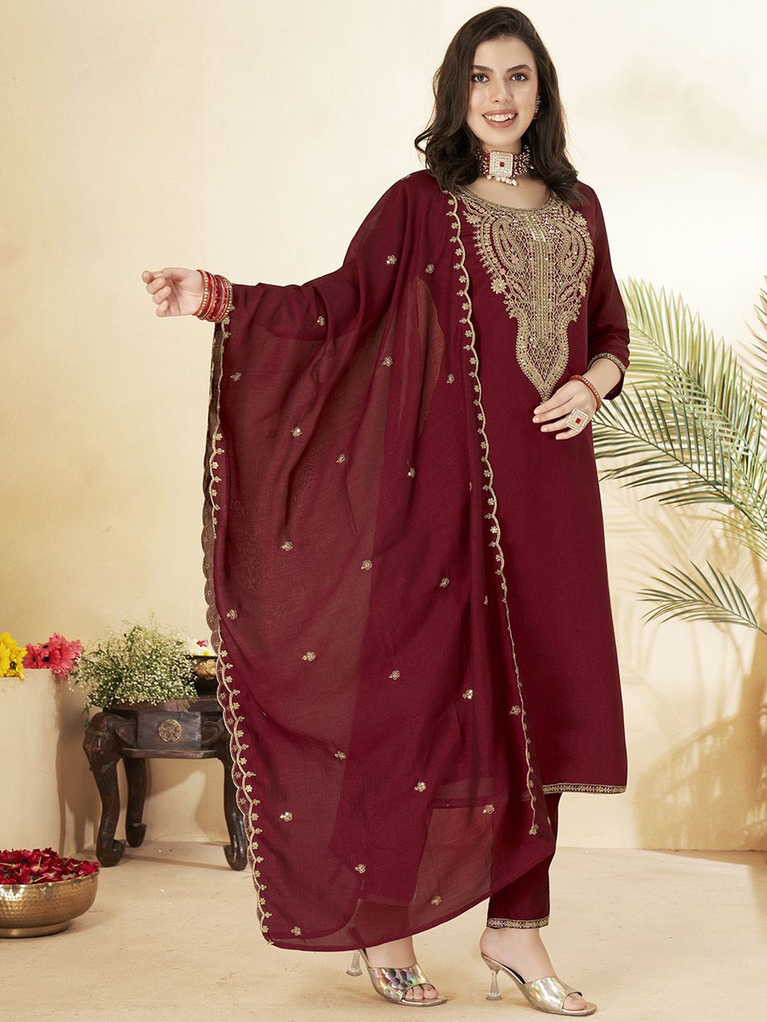 Amrah Wholesale Devlavina 01 Vichitra Embroidered Kurti Pant Dupatta Set - Amrah Wholesale