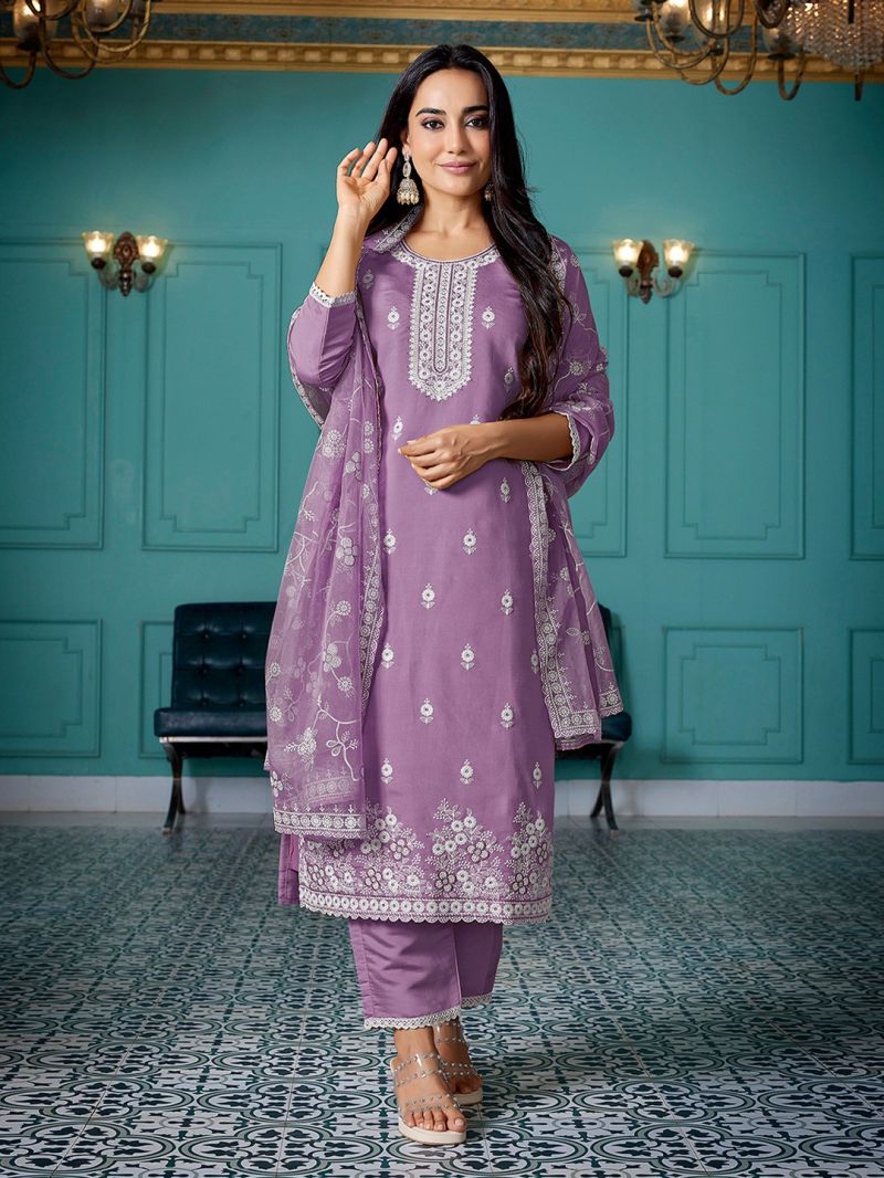 Amrah Wholesale Dhruvi 488 Silk Blend Embroidered Kurti Pant Dupatta Set - Amrah Wholesale