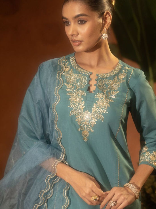 Amrah Wholesale Dhunancy 01 Chanderi Silk Embroidered Kurti Pant Dupatta Set - Amrah Wholesale