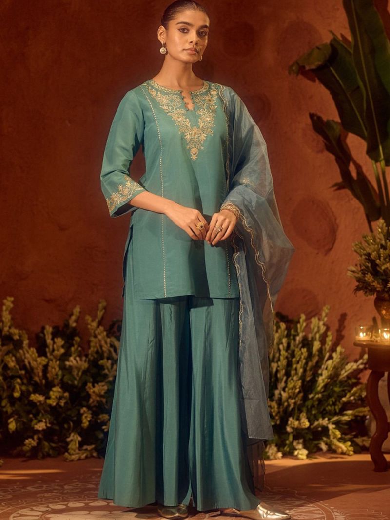 Amrah Wholesale Dhunancy 01 Chanderi Silk Embroidered Kurti Pant Dupatta Set - Amrah Wholesale