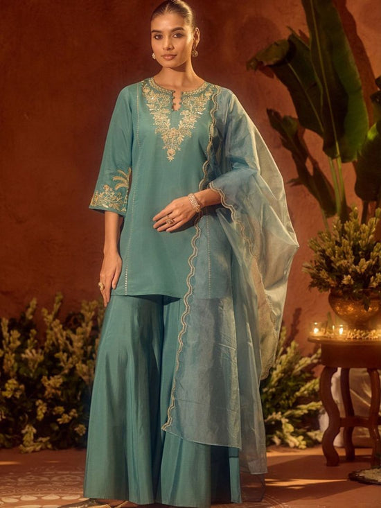 Amrah Wholesale Dhunancy 01 Chanderi Silk Embroidered Kurti Pant Dupatta Set - Amrah Wholesale