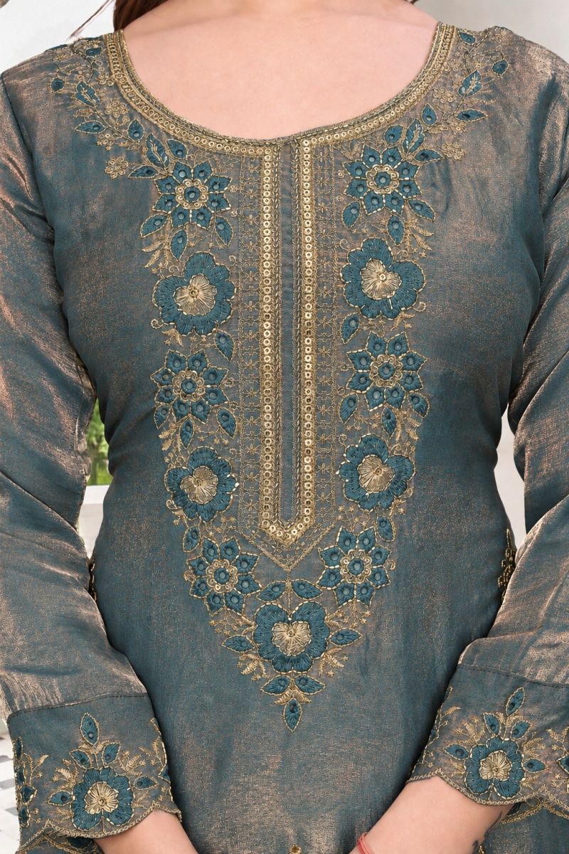 Amrah Wholesale Dk 1011 Fendy Satin Embroidery Worked Kurti Pant Dupatta Set