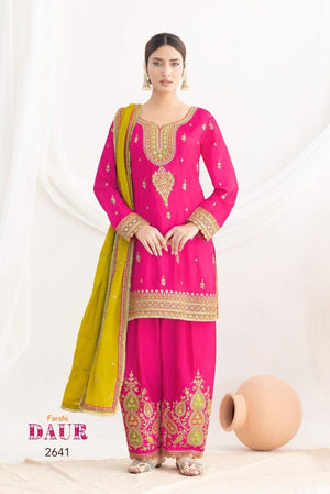 Amrah Wholesale Farshi Daur 2641 To 2643 Chinon Embroidered Dress Material
