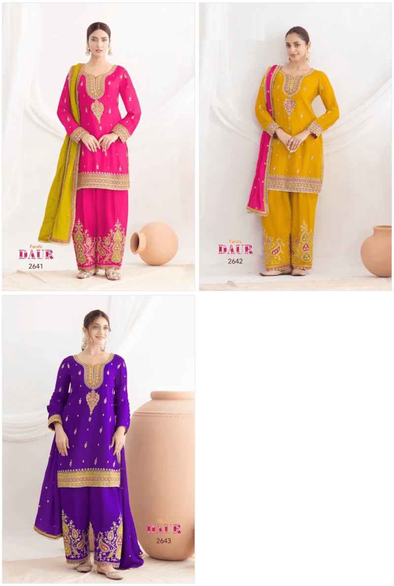 Amrah Wholesale Farshi Daur 2641 To 2643 Chinon Embroidered Dress Material - Amrah Wholesale