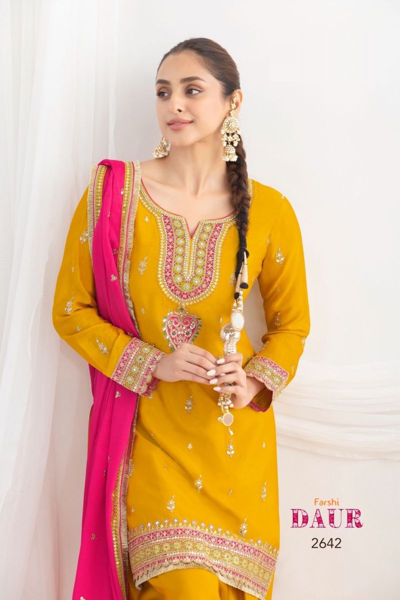 Amrah Wholesale Farshi Daur 2641 To 2643 Chinon Embroidered Dress Material - Amrah Wholesale