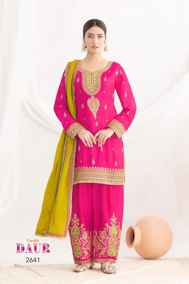 Amrah Wholesale Farshi Daur 2641 To 2643 Chinon Embroidered Dress Material - Amrah Wholesale