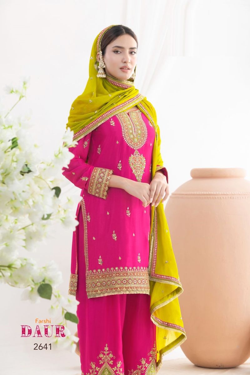 Amrah Wholesale Farshi Daur 2641 To 2643 Chinon Embroidered Dress Material - Amrah Wholesale