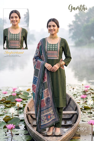 Amrah Wholesale Gamthi 1 Dhabu Cotton Embroidered Kurti Pant Dupatta Set - Amrah Wholesale