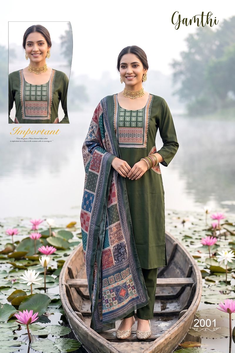 Amrah Wholesale Gamthi 1 Dhabu Cotton Embroidered Kurti Pant Dupatta Set - Amrah Wholesale