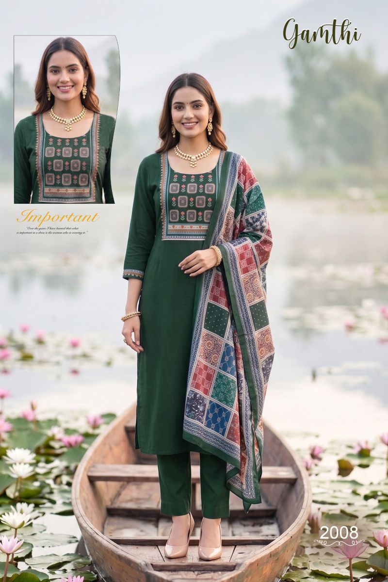 Amrah Wholesale Gamthi 1 Dhabu Cotton Embroidered Kurti Pant Dupatta Set - Amrah Wholesale