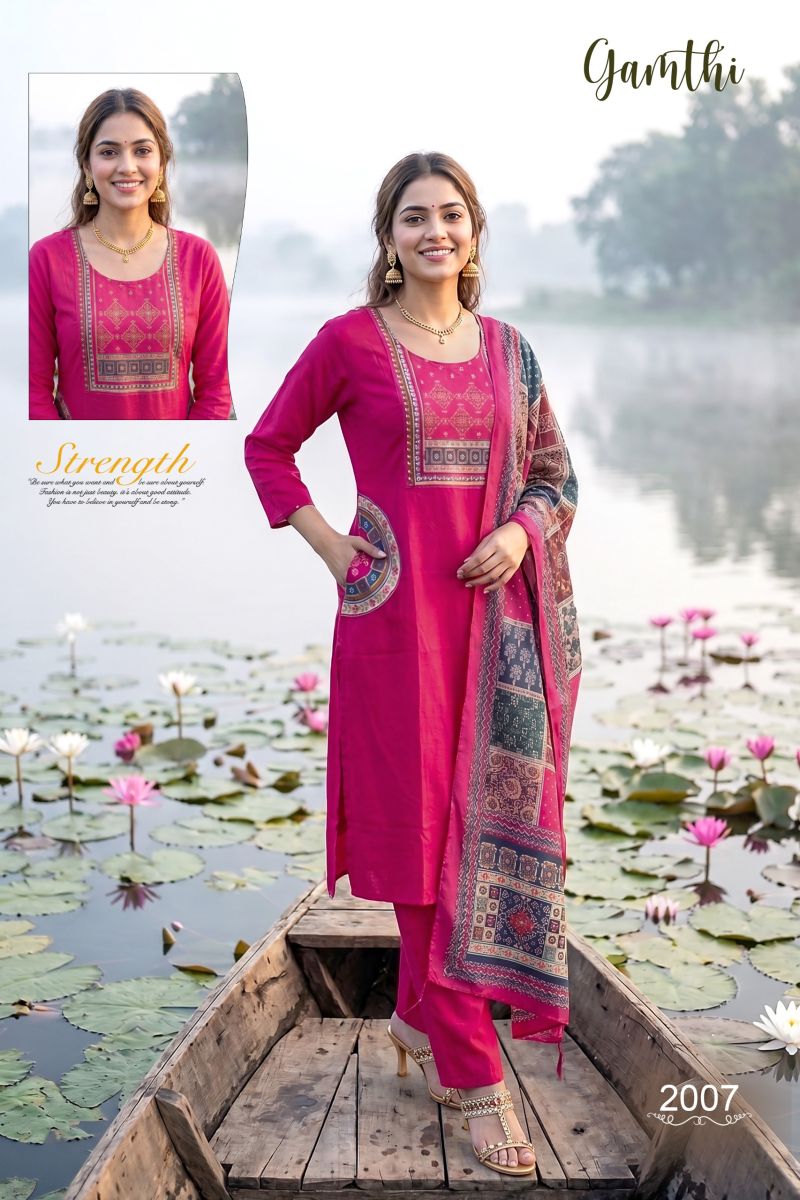 Amrah Wholesale Gamthi 1 Dhabu Cotton Embroidered Kurti Pant Dupatta Set - Amrah Wholesale