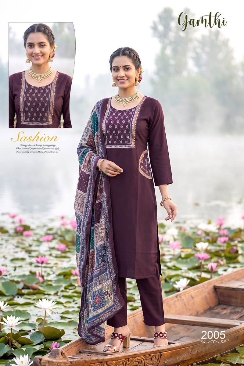 Amrah Wholesale Gamthi 1 Dhabu Cotton Embroidered Kurti Pant Dupatta Set - Amrah Wholesale