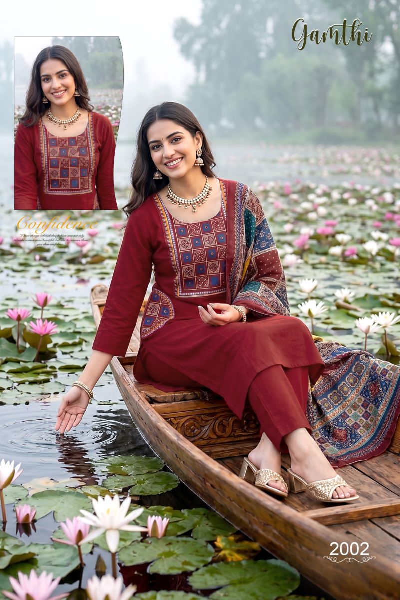 Amrah Wholesale Gamthi 1 Dhabu Cotton Embroidered Kurti Pant Dupatta Set - Amrah Wholesale