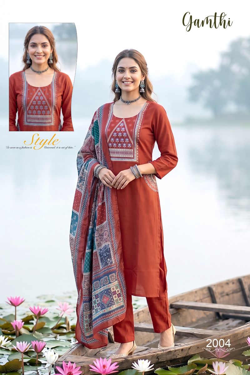 Amrah Wholesale Gamthi 1 Dhabu Cotton Embroidered Kurti Pant Dupatta Set - Amrah Wholesale