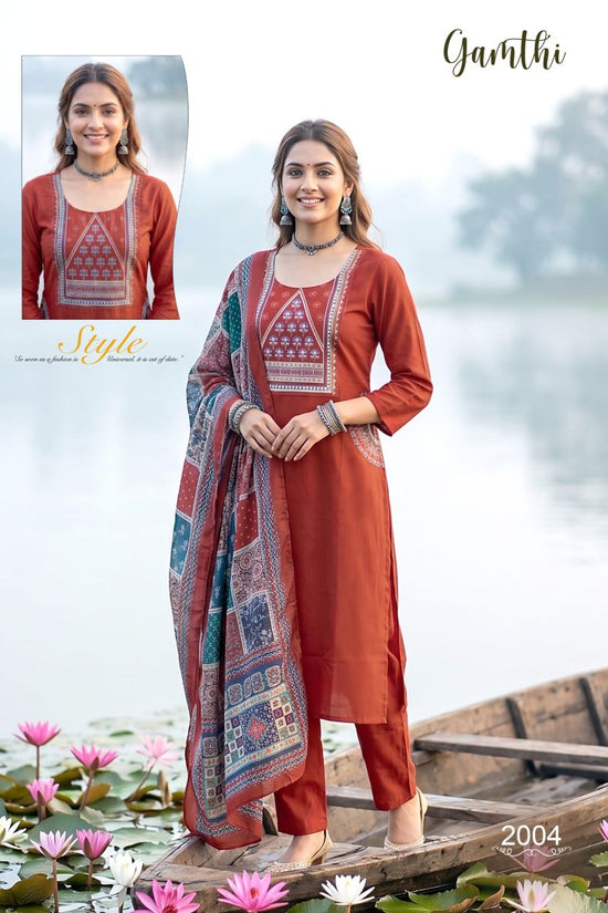 Amrah Wholesale Gamthi 1 Dhabu Cotton Embroidered Kurti Pant Dupatta Set - Amrah Wholesale