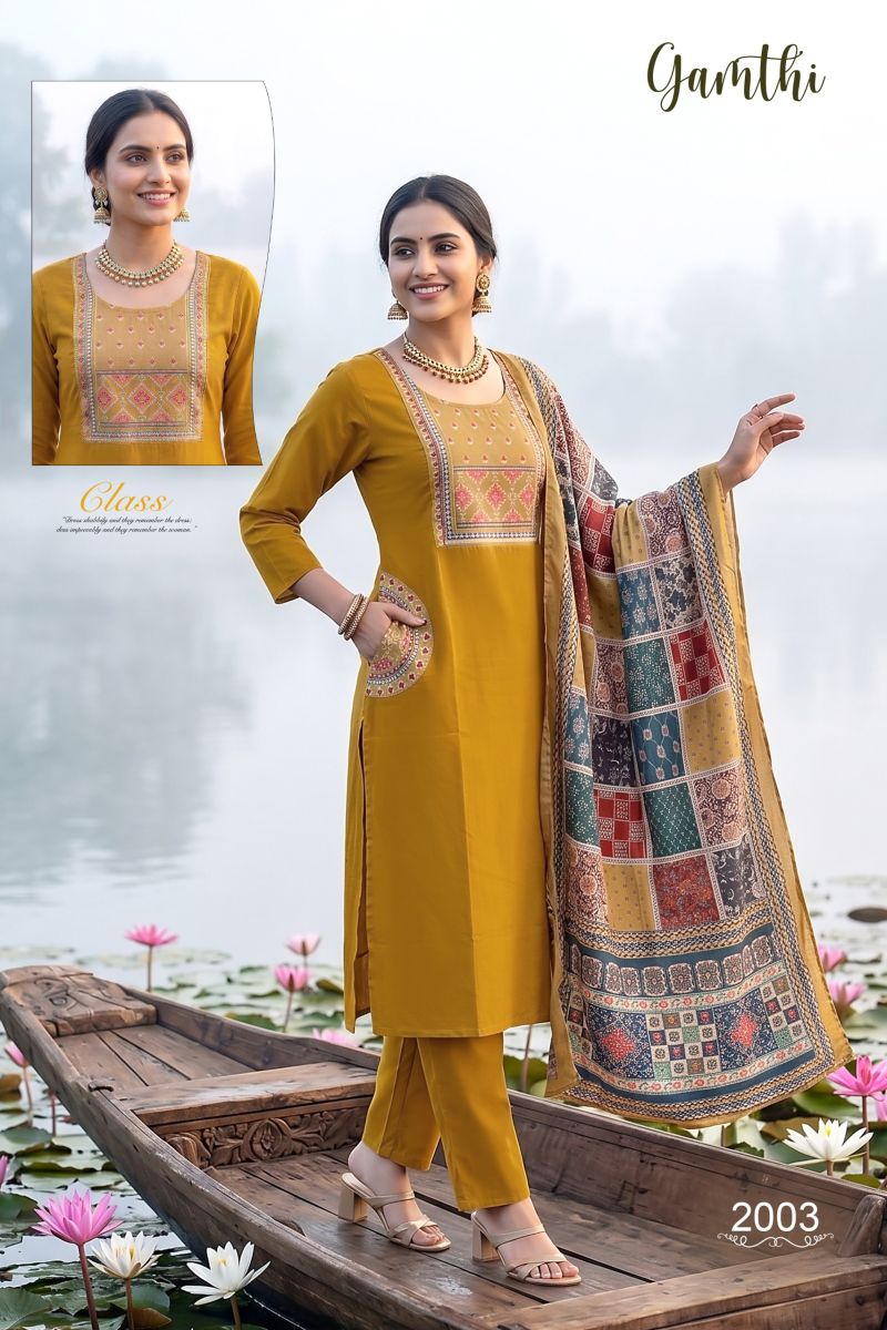 Amrah Wholesale Gamthi 1 Dhabu Cotton Embroidered Kurti Pant Dupatta Set - Amrah Wholesale