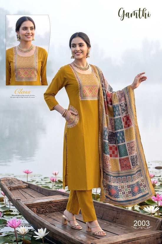 Amrah Wholesale Gamthi 1 Dhabu Cotton Embroidered Kurti Pant Dupatta Set - Amrah Wholesale