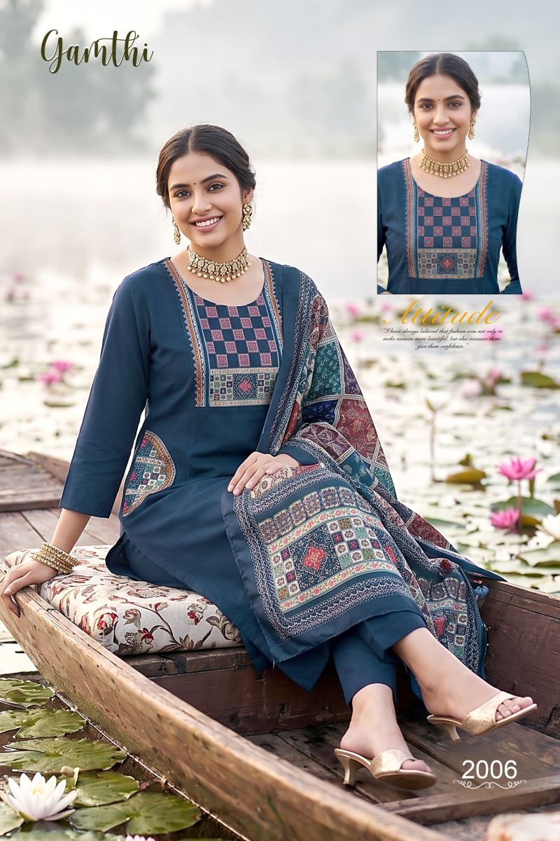 Amrah Wholesale Gamthi 1 Dhabu Cotton Embroidered Kurti Pant Dupatta Set - Amrah Wholesale