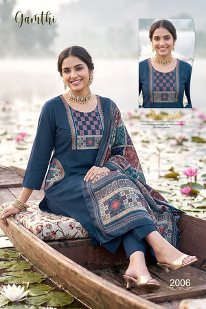 Amrah Wholesale Gamthi 1 Dhabu Cotton Embroidered Kurti Pant Dupatta Set - Amrah Wholesale