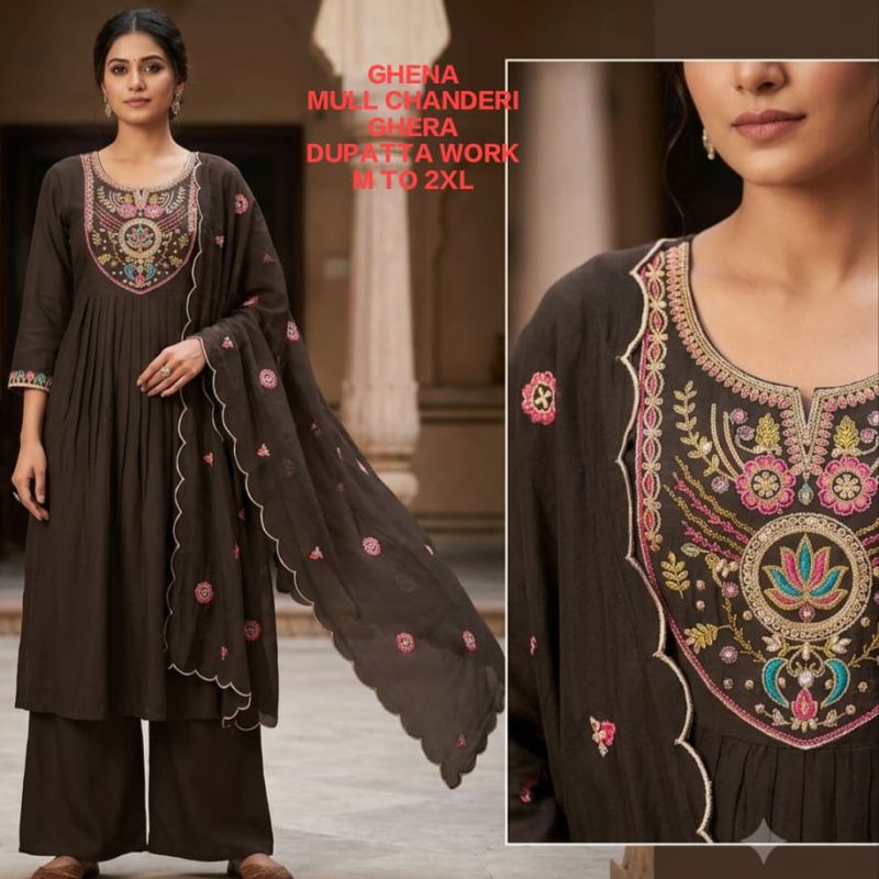 Amrah Wholesale Ghena Combo Mul Chanderi Kurti Pant Dupatta Set