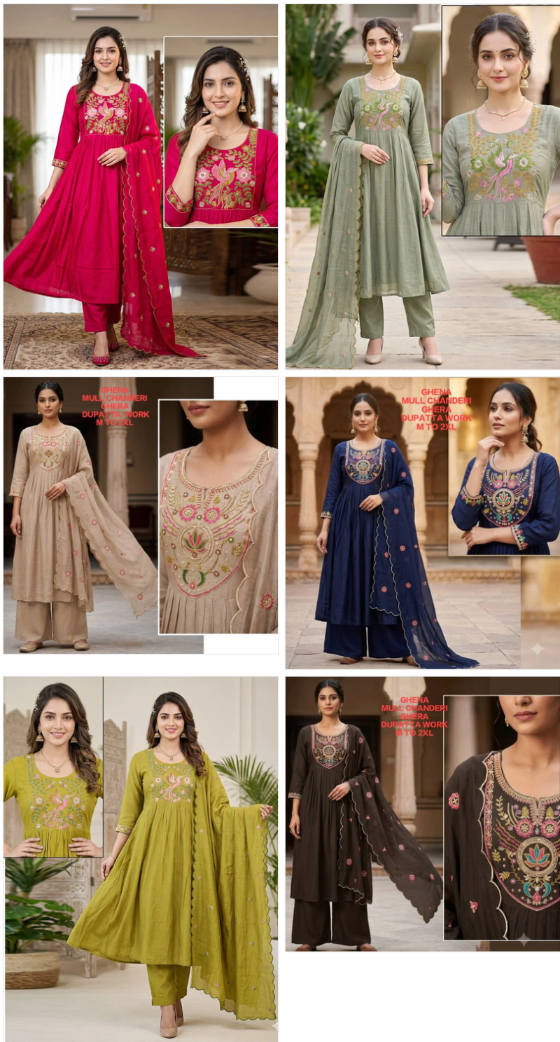 Amrah Wholesale Ghena Combo Mul Chanderi Kurti Pant Dupatta Set
