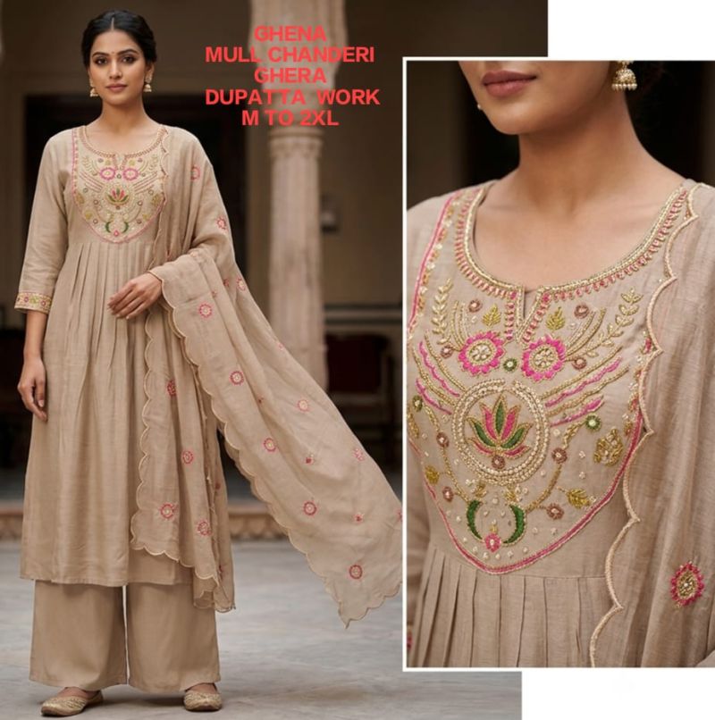 Amrah Wholesale Ghena Combo Mul Chanderi Kurti Pant Dupatta Set