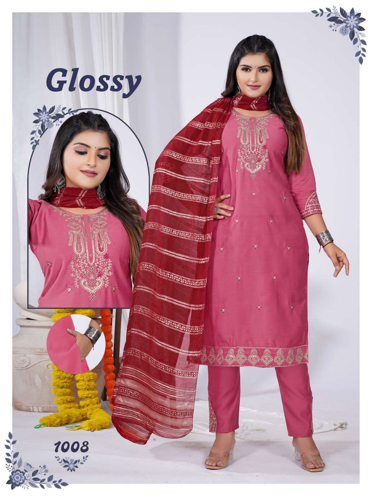 Amrah Wholesale Glossy Vol 1 Vatican Silk Kurti Pant Dupatta Set - Amrah Wholesale