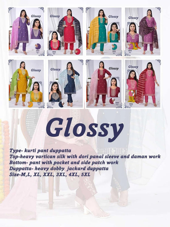 Amrah Wholesale Glossy Vol 1 Vatican Silk Kurti Pant Dupatta Set - Amrah Wholesale