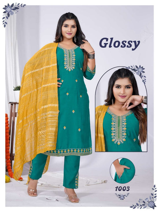 Amrah Wholesale Glossy Vol 1 Vatican Silk Kurti Pant Dupatta Set - Amrah Wholesale