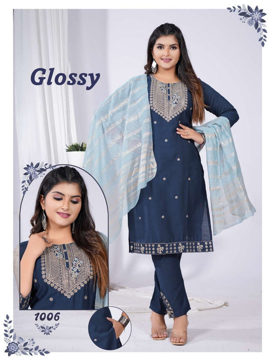 Amrah Wholesale Glossy Vol 1 Vatican Silk Kurti Pant Dupatta Set - Amrah Wholesale