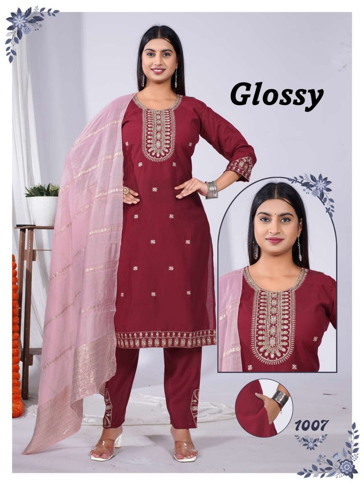 Amrah Wholesale Glossy Vol 1 Vatican Silk Kurti Pant Dupatta Set - Amrah Wholesale