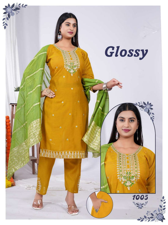 Amrah Wholesale Glossy Vol 1 Vatican Silk Kurti Pant Dupatta Set - Amrah Wholesale