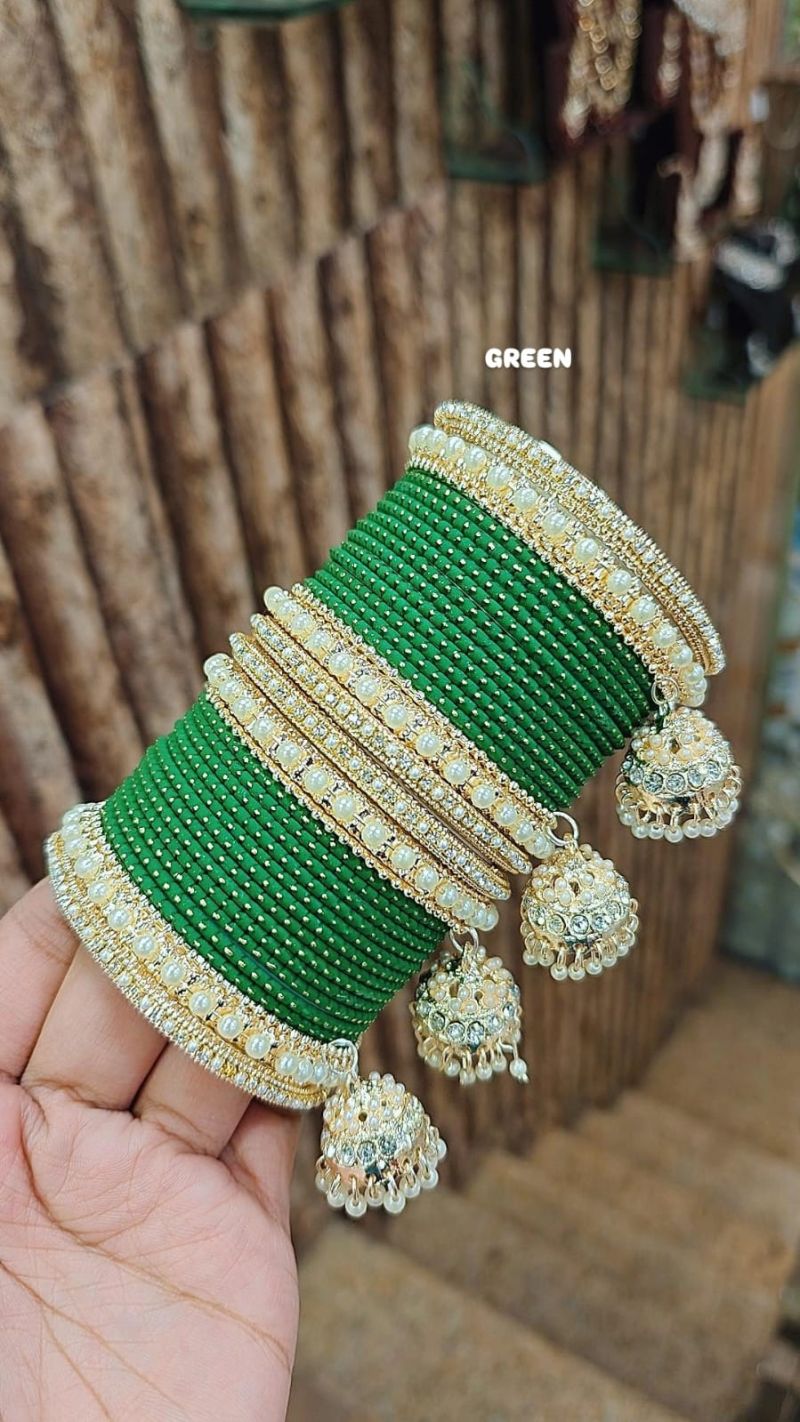 Amrah Wholesale Golden Jhumar Set With Metal Bangles 1 Metal Matt Imitation Jewellery