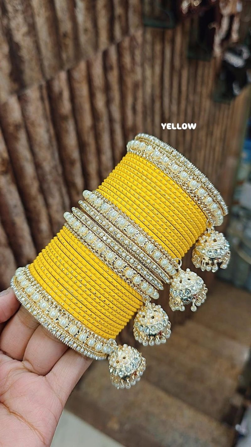 Amrah Wholesale Golden Jhumar Set With Metal Bangles 1 Metal Matt Imitation Jewellery