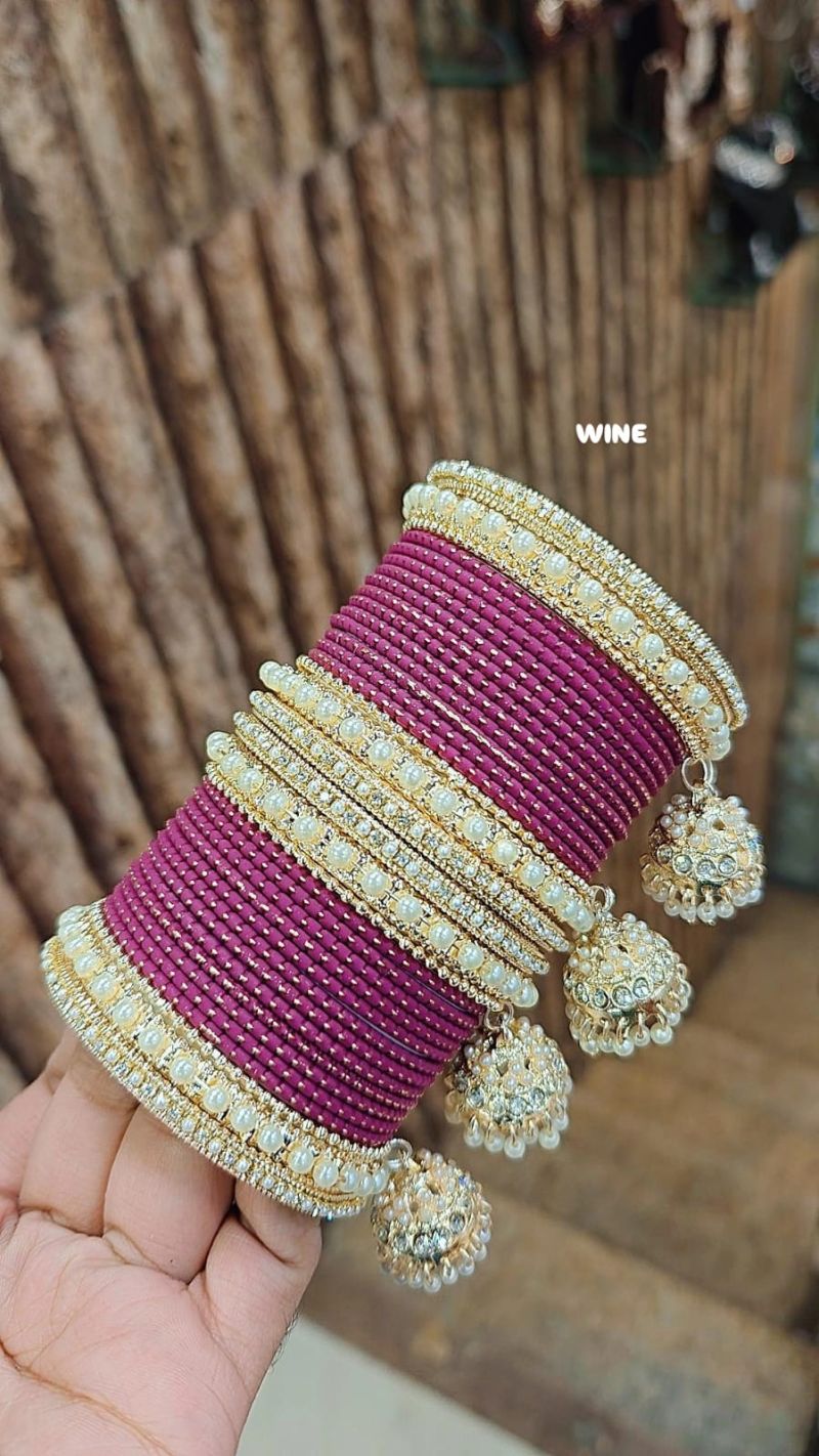 Amrah Wholesale Golden Jhumar Set With Metal Bangles 1 Metal Matt Imitation Jewellery