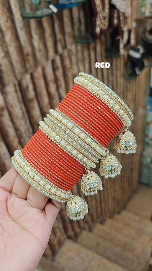 Amrah Wholesale Golden Jhumar Set With Metal Bangles 1 Metal Matt Imitation Jewellery