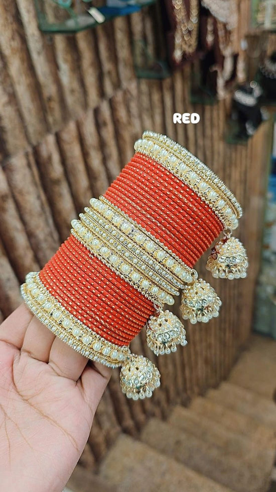 Amrah Wholesale Golden Jhumar Set With Metal Bangles 1 Metal Matt Imitation Jewellery