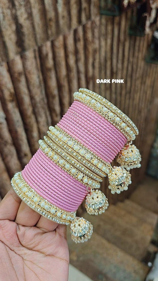 Amrah Wholesale Golden Jhumar Set With Metal Bangles 1 Metal Matt Imitation Jewellery