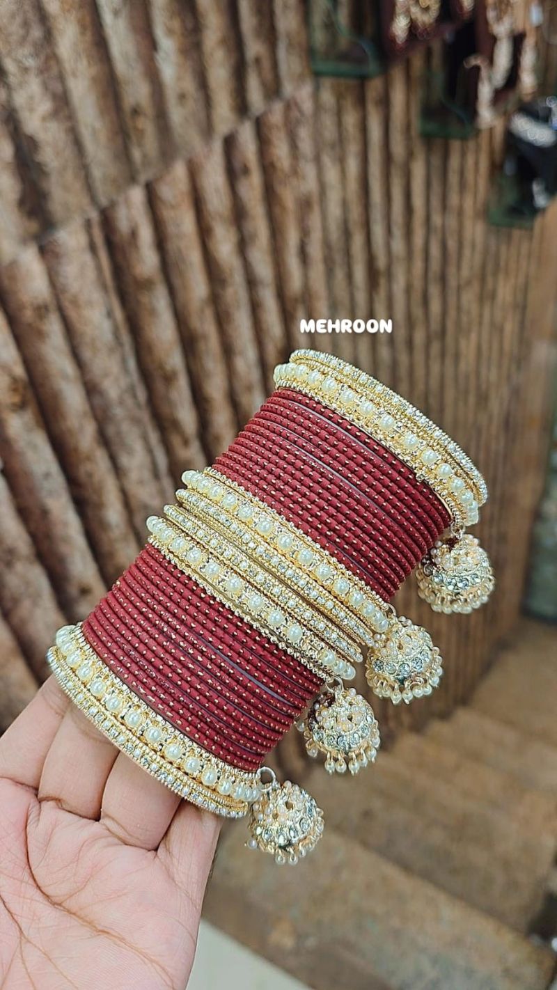 Amrah Wholesale Golden Jhumar Set With Metal Bangles 1 Metal Matt Imitation Jewellery