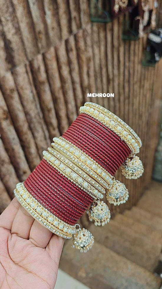 Amrah Wholesale Golden Jhumar Set With Metal Bangles 1 Metal Matt Imitation Jewellery