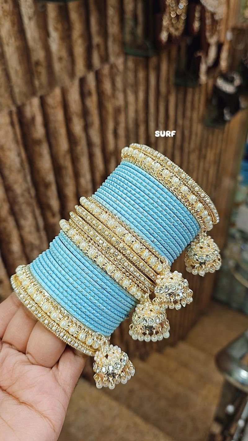 Amrah Wholesale Golden Jhumar Set With Metal Bangles 1 Metal Matt Imitation Jewellery