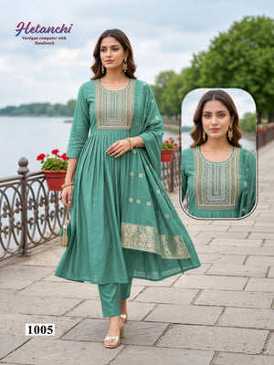 Amrah Wholesale Hetanchi D No 1001 To 06 Vertican Kurti Pant Dupatta Set - Amrah Wholesale