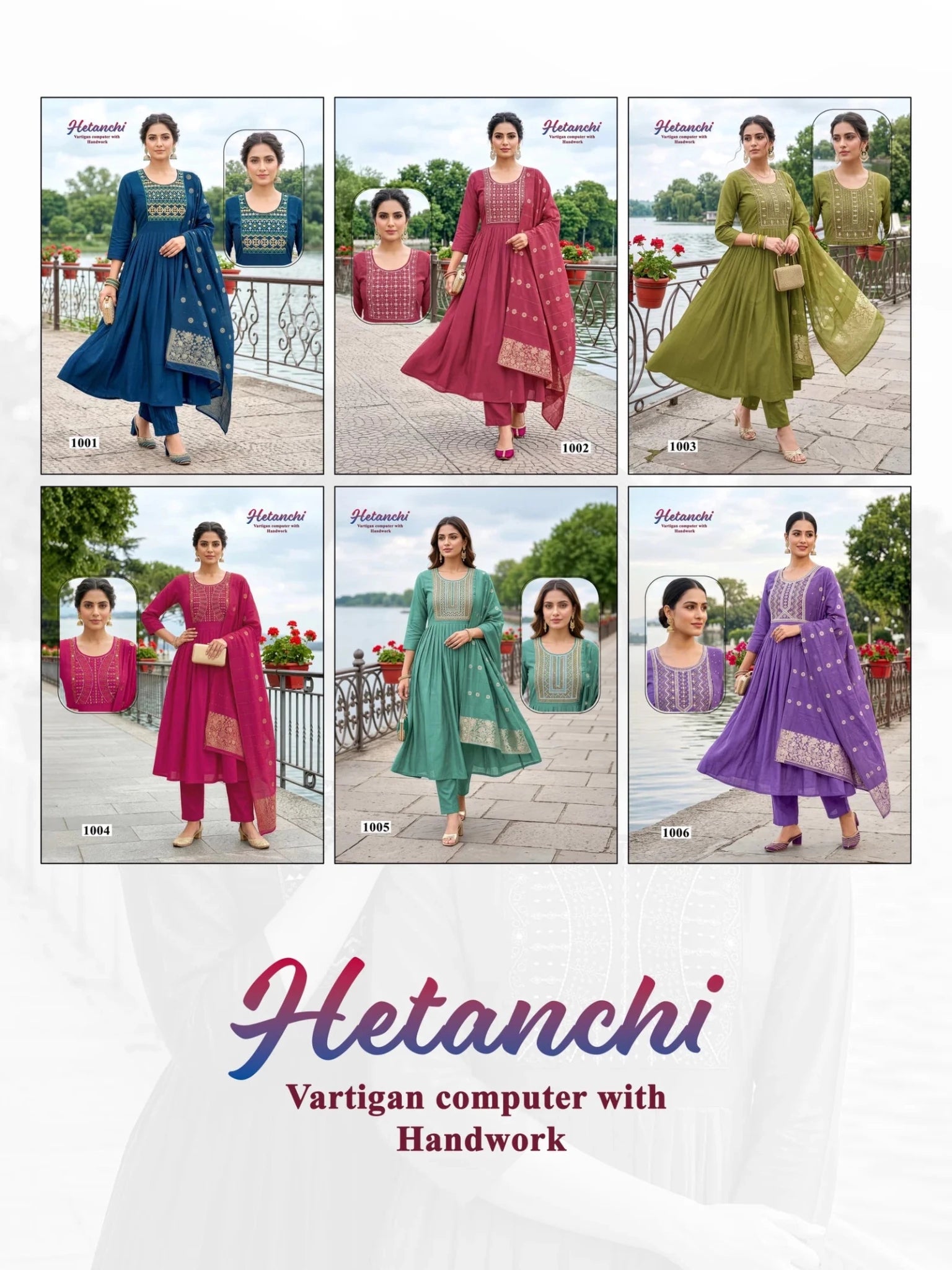 Amrah Wholesale Hetanchi D No 1001 To 06 Vertican Kurti Pant Dupatta Set - Amrah Wholesale