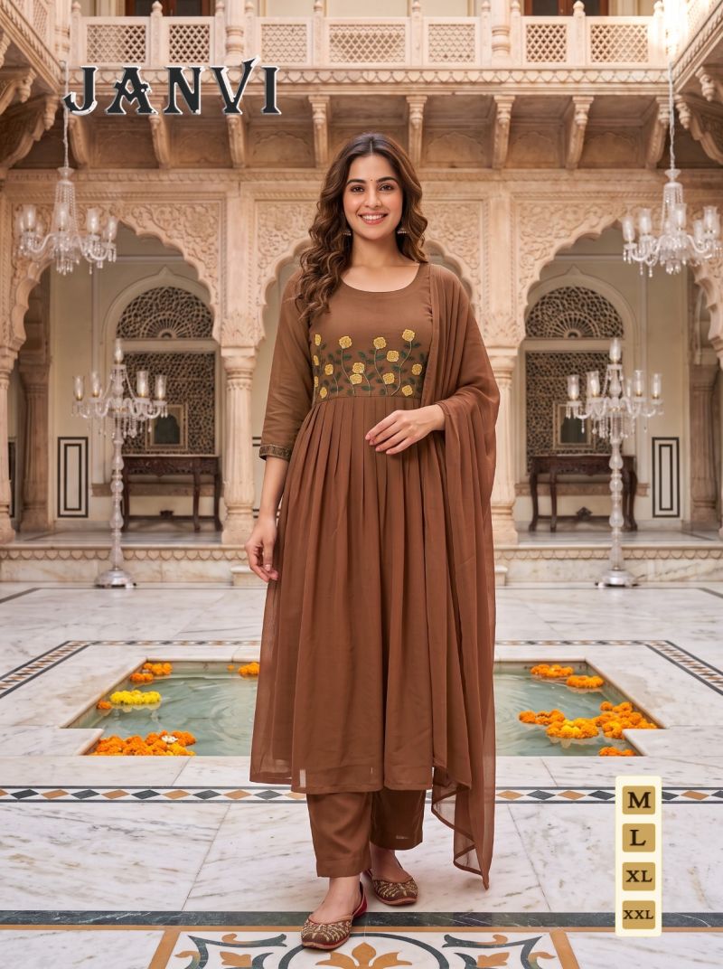 Amrah Wholesale Janvi Vol 1 Mul Chanderi Embroidered Kurti Pant Dupatta Set