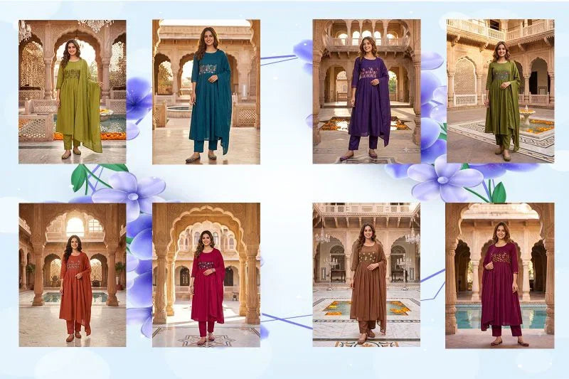 Amrah Wholesale Janvi Vol 1 Mul Chanderi Embroidered Kurti Pant Dupatta Set