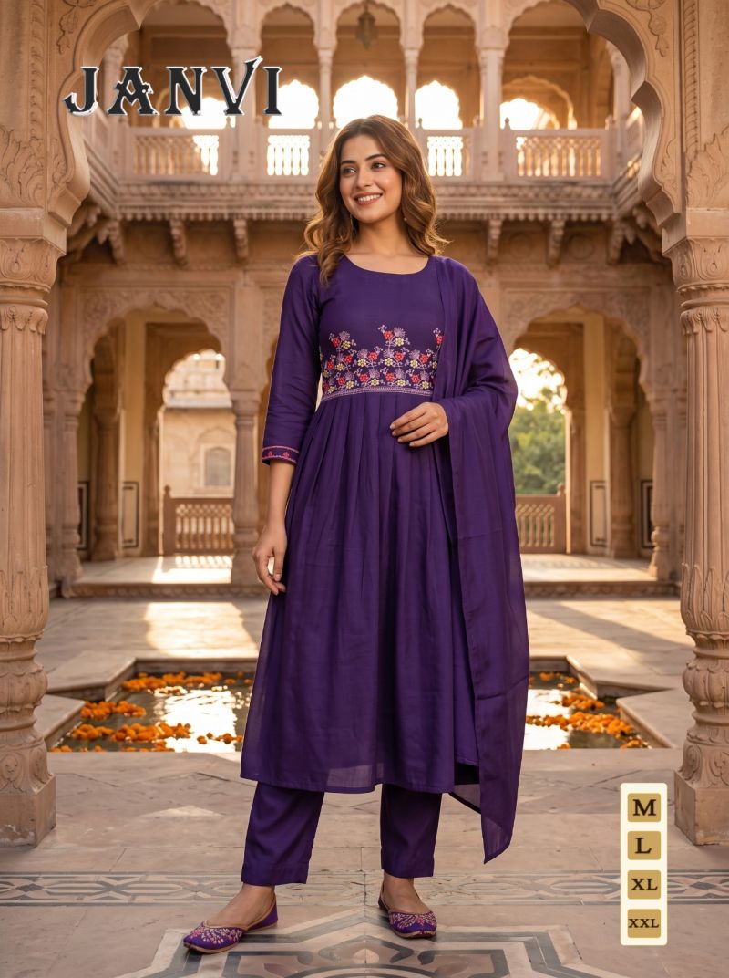 Amrah Wholesale Janvi Vol 1 Mul Chanderi Embroidered Kurti Pant Dupatta Set