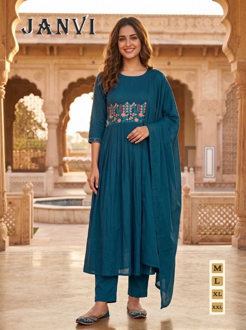 Amrah Wholesale Janvi Vol 1 Mul Chanderi Embroidered Kurti Pant Dupatta Set